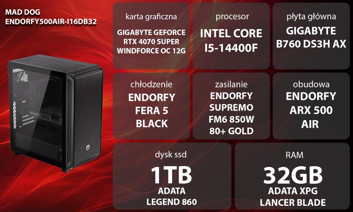 Komputer MAD DOG ENDORFY500AIR-I16DB32 Grafika przedstawiająca specyfikację komputera. Po lewej stronie widoczny komputer, opis