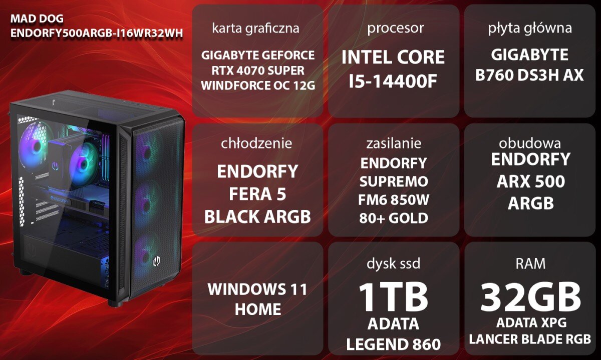 Komputer MAD DOG ENDORFY500ARGB-I16WR32WH Grafika przedstawiająca specyfikację komputera. Po lewej stronie widoczny komputer, opis