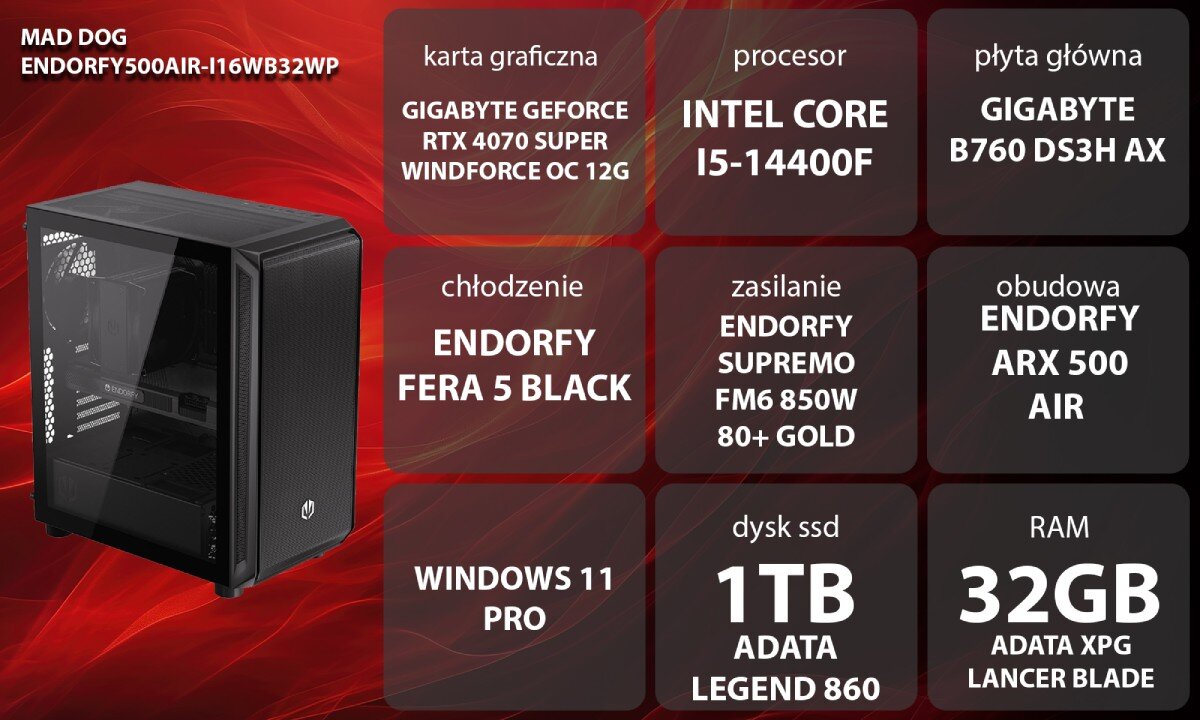 Komputer MAD DOG ENDORFY500AIR-I16WB32WP Grafika przedstawiająca specyfikację komputera. Po lewej stronie widoczny komputer, opis