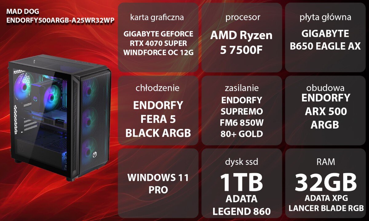 Komputer MAD DOG ENDORFY500ARGB-A25WR32WP Grafika przedstawiająca specyfikację komputera. Po lewej stronie widoczny komputer, opis