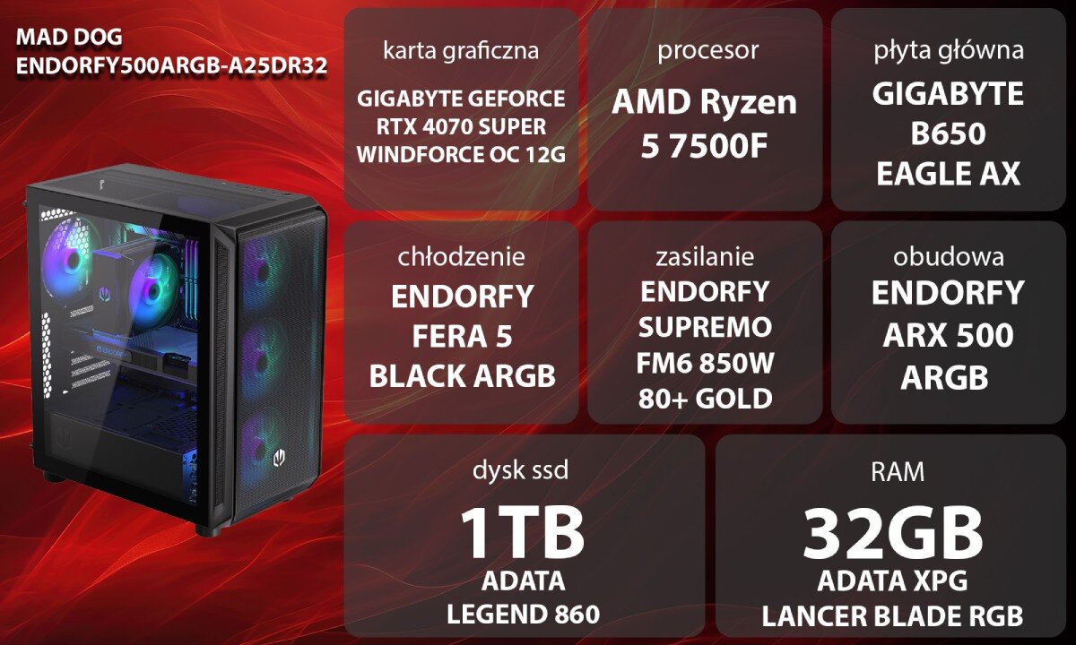 Komputer MAD DOG ENDORFY500ARGB-A25DR32 Grafika przedstawiająca specyfikację komputera. Po lewej stronie widoczny komputer, opis