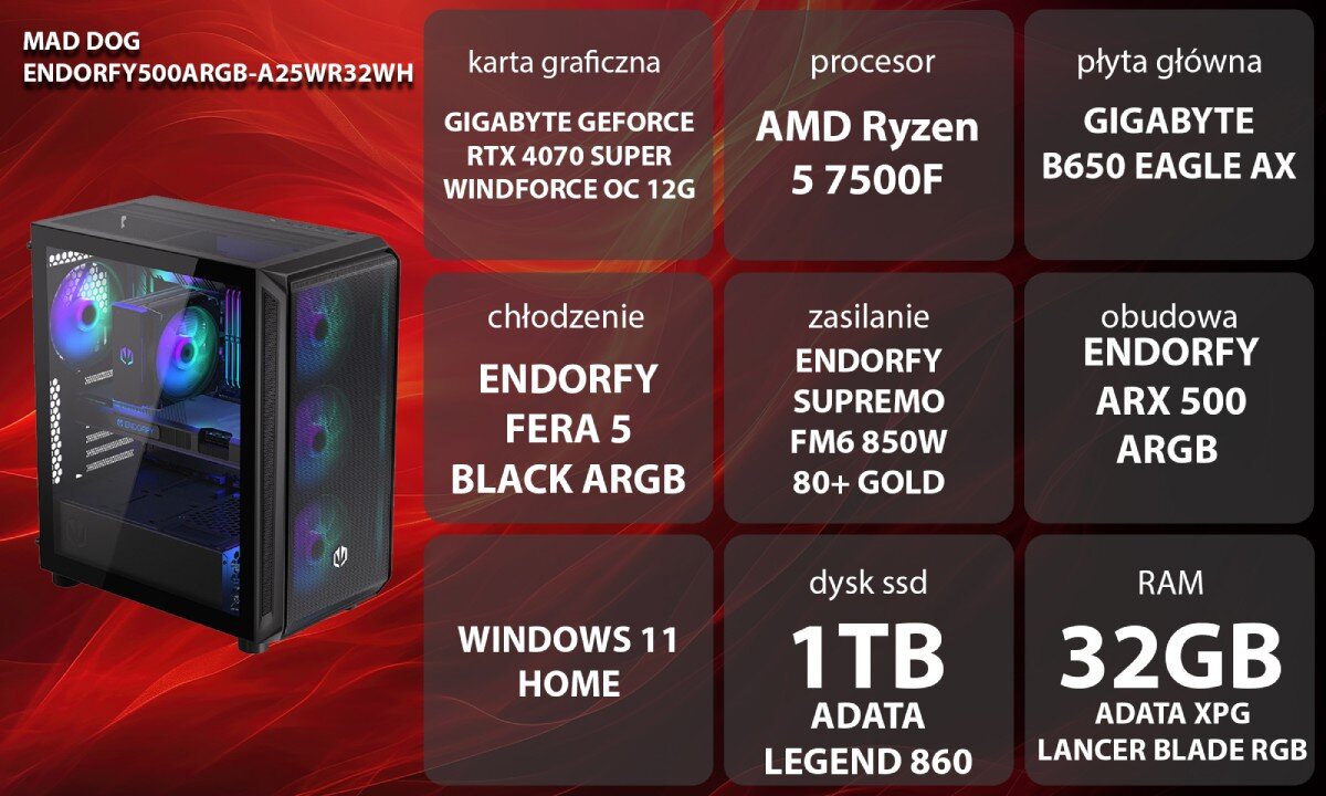 Komputer MAD DOG ENDORFY500ARGB-A25WR32WH Grafika przedstawiająca specyfikację komputera. Po lewej stronie widoczny komputer, opis