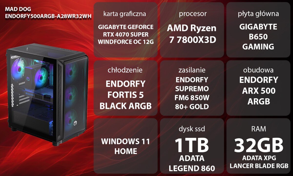 Komputer MAD DOG ENDORFY500ARGB-A28WR32WH Grafika przedstawiająca specyfikację komputera. Po lewej stronie widoczny komputer, opis