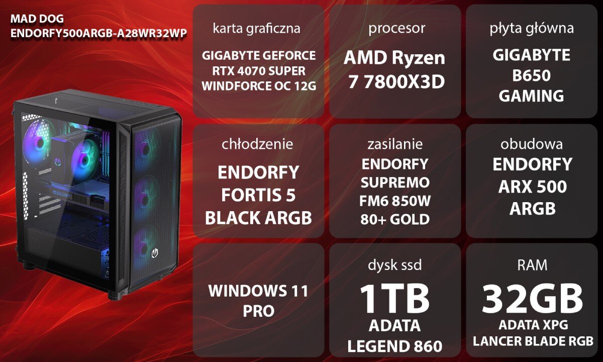 Komputer MAD DOG ENDORFY500ARGB-A28WR32WP Grafika przedstawiająca specyfikację komputera. Po lewej stronie widoczny komputer, opis