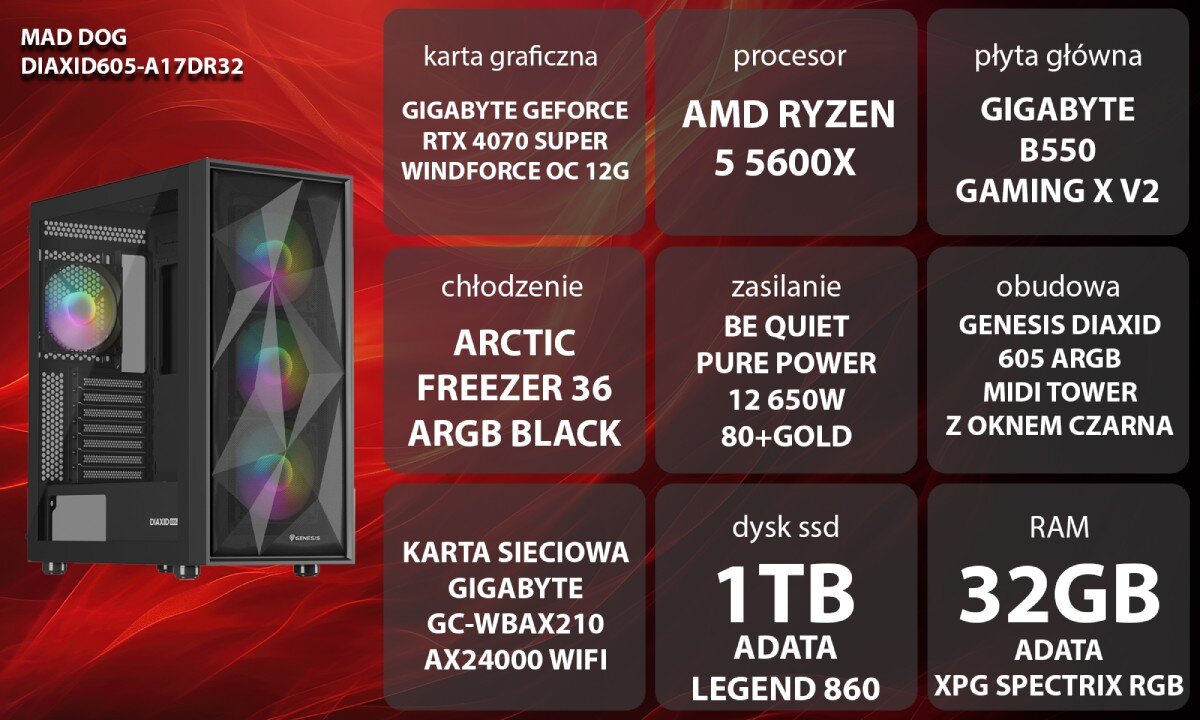 Komputer MAD DOG DIAXID605-A17DR32 Grafika przedstawiająca specyfikację komputera. Po lewej stronie widoczny komputer z podświetleniem RGB, opis