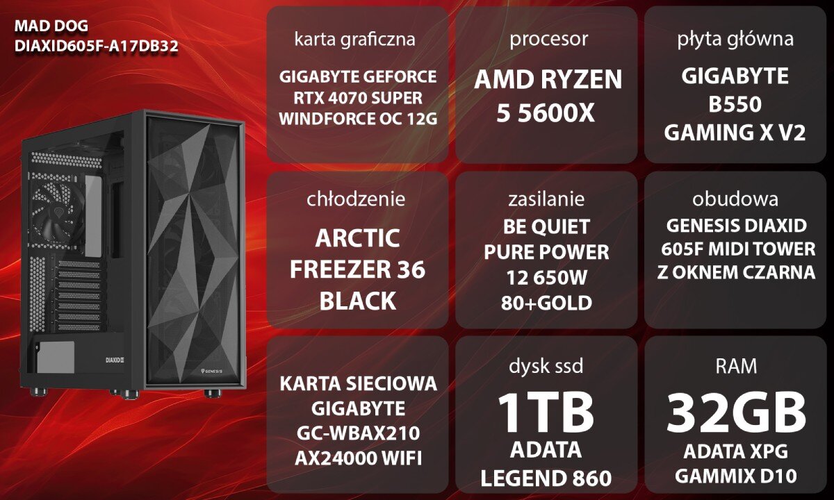 Komputer MAD DOG DIAXID605F-A17DB32 Grafika przedstawiająca specyfikację komputera. Po lewej stronie widoczny komputer z podświetleniem RGB, opis