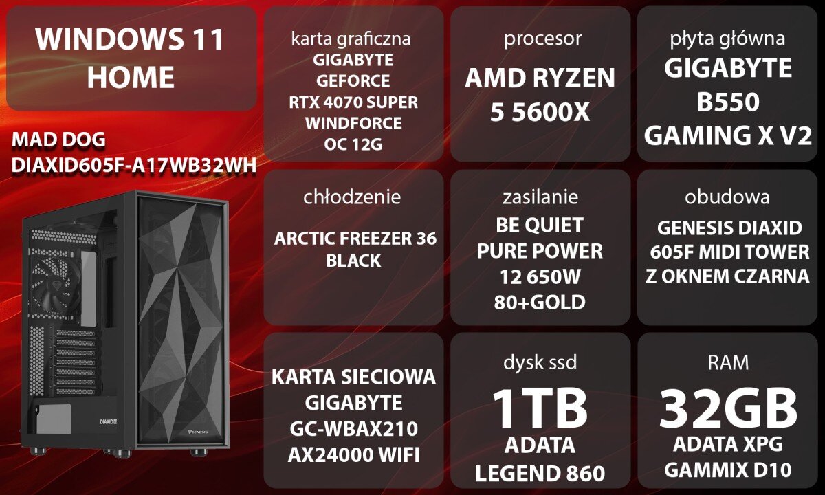 Komputer MAD DOG DIAXID605F-A17WB32WH Grafika przedstawiająca specyfikację komputera. Po lewej stronie widoczny komputer z podświetleniem RGB, opis