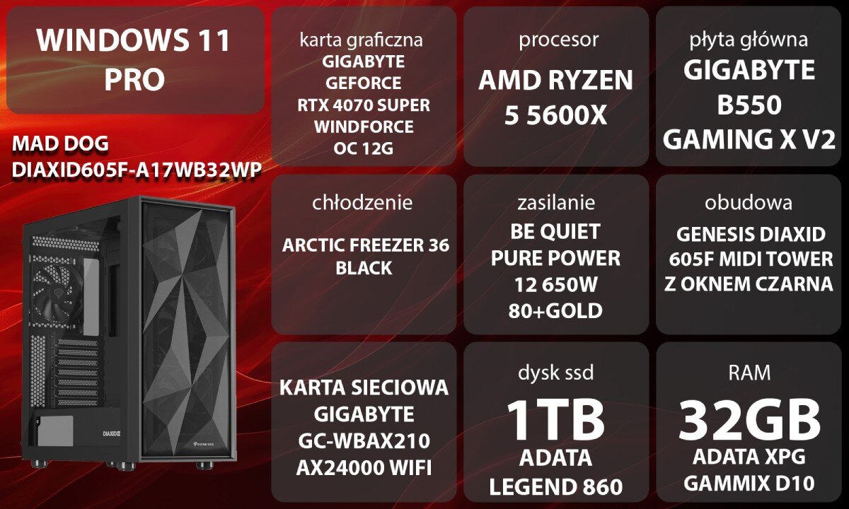 Komputer MAD DOG DIAXID605F-A17WB32WP Grafika przedstawiająca specyfikację komputera. Po lewej stronie widoczny komputer z podświetleniem RGB, opis
