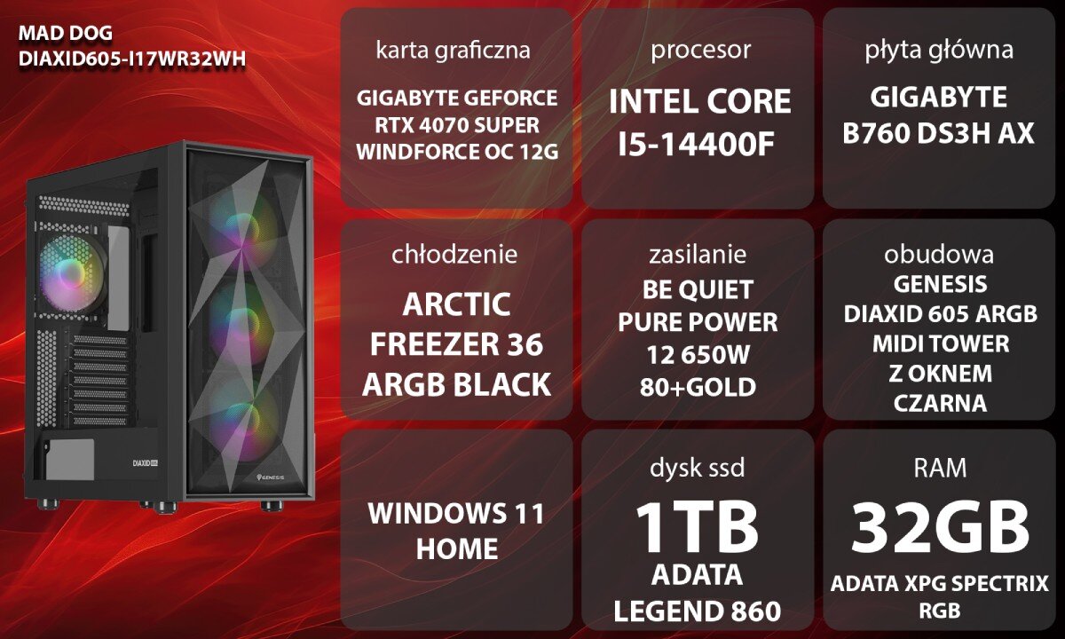 Komputer MAD DOG DIAXID605-I17WR32WH Grafika przedstawiająca specyfikację komputera. Po lewej stronie widoczny komputer z podświetleniem RGB, opis