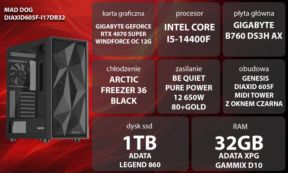 Komputer MAD DOG DIAXID605F-I17DB32 Grafika przedstawiająca specyfikację komputera. Po lewej stronie widoczny komputer z podświetleniem RGB, opis