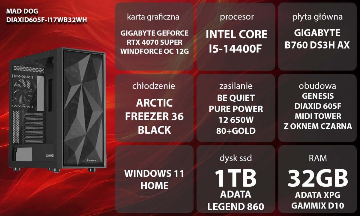 Komputer MAD DOG DIAXID605F-I17WB32WH Grafika przedstawiająca specyfikację komputera. Po lewej stronie widoczny komputer z podświetleniem RGB, opis