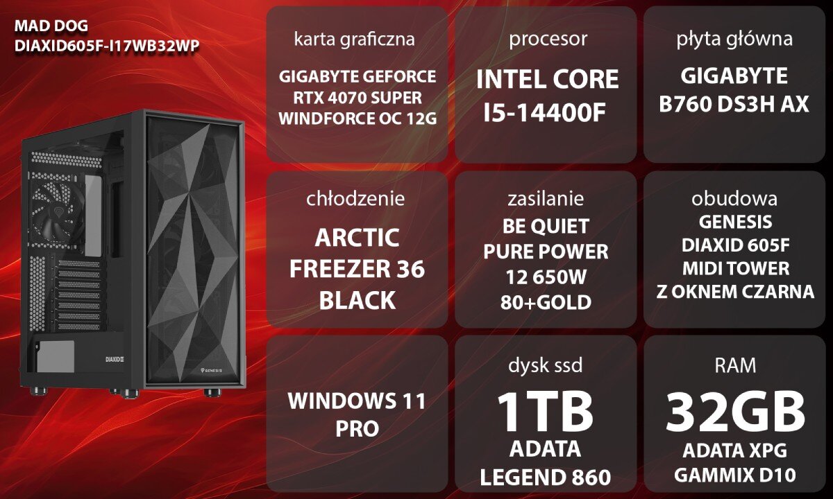 Komputer MAD DOG DIAXID605F-I17WB32WP Grafika przedstawiająca specyfikację komputera. Po lewej stronie widoczny komputer z podświetleniem RGB, opis