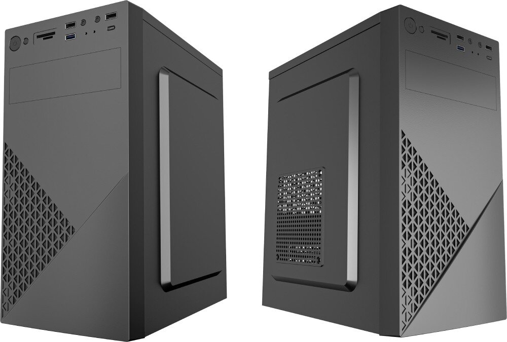 Komputer XQUANTUM XQR5R16S1TB-XA30WP Dwa widoki czarnej obudowy komputerowej typu tower z przodu i z tyłu, z otworami wentylacyjnymi i portami na górnym panelu przednim, opis