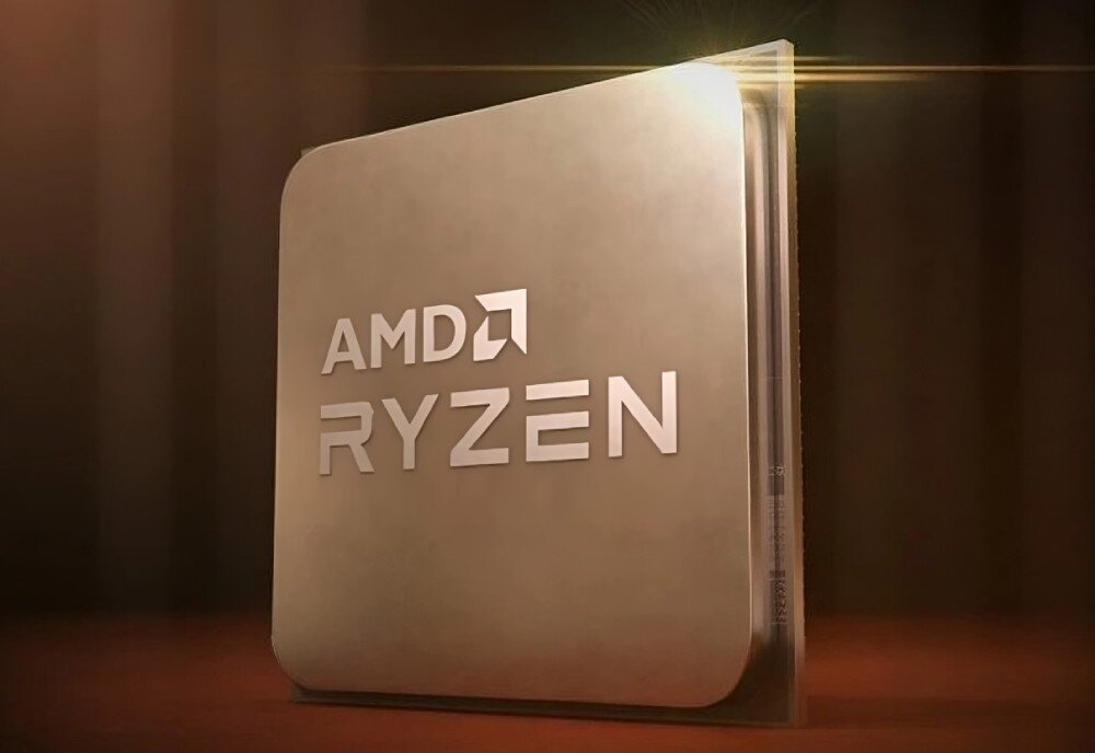 Komputer XQUANTUM XQR5R16S1TB-XA30WP Zbliżenie na procesor z logo 'AMD Ryzen' na tle w odcieniach brązu, procesor, rdzenie, prędkość, technologia