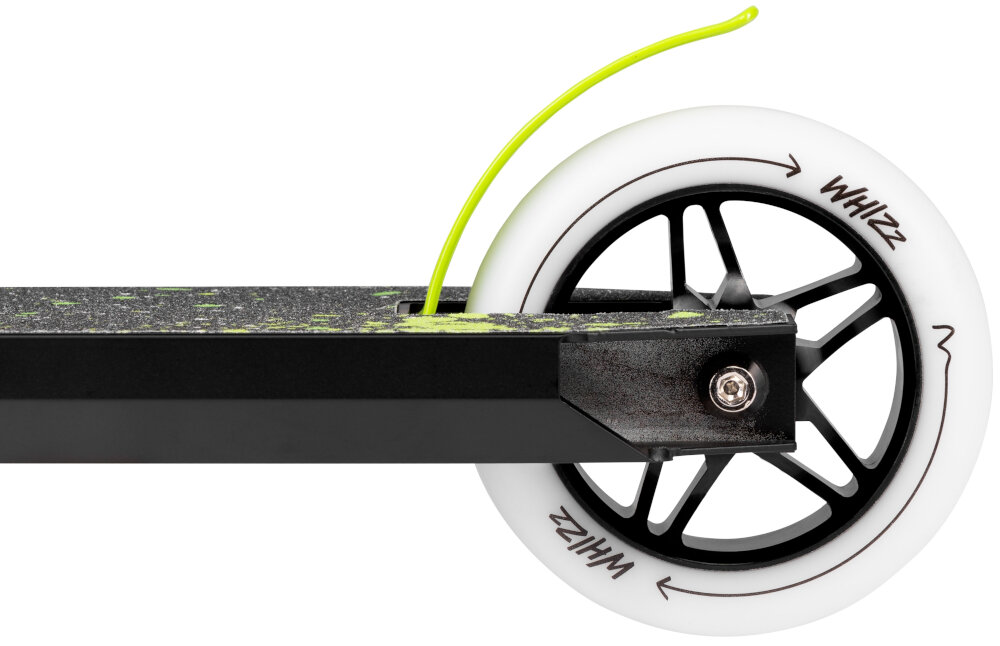 Hulajnoga wyczynowa LIONELO Whizz Czarno-zielony bezpieczenstwo tylny hamulec nozny bezpieczny system kompresji HIC sztywnosc wytrzymalosc polaczen