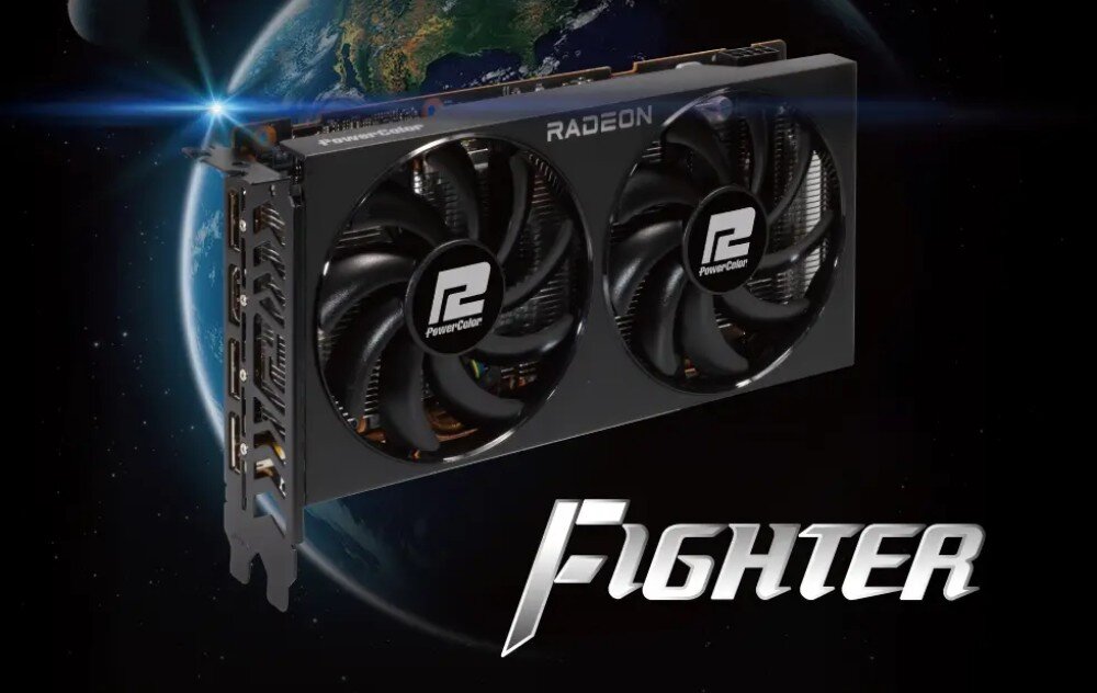 Komputer MAD DOG LOGIC-ARGB-A03WR16WH Widoczna karta graficzna z dwoma dużymi wentylatorami i napisem 'PowerColor' oraz 'RADEON', ustawiona na tle Ziemi widzianej z kosmosu. Na dole grafiki znajduje się napis 'Fighter', karta graficzna, architektura, wydajność