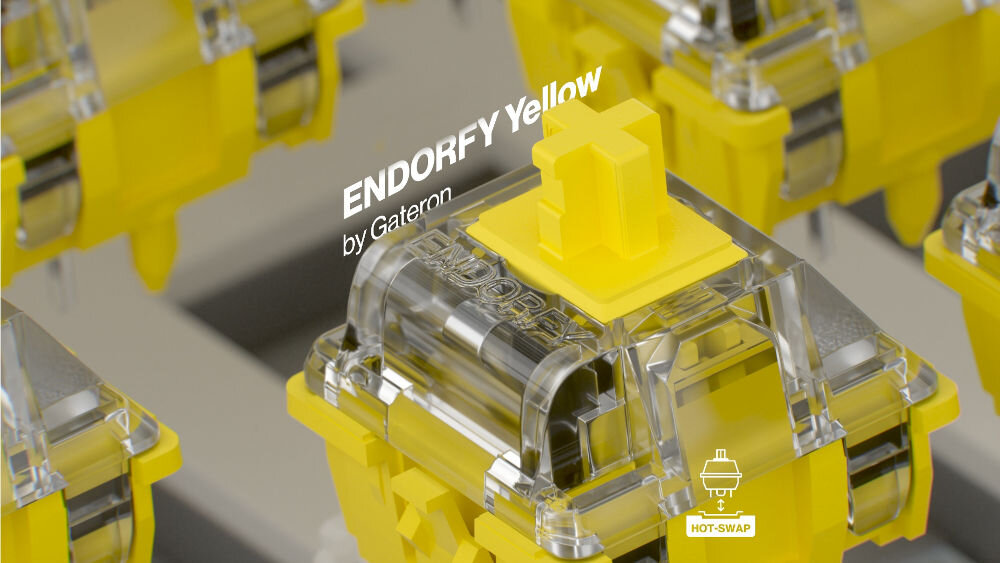 Klawiatura ENDORFY Celeris 1800 prezentacja switchy switche ENDORFY Yellow stworzone z Gateron płynność ciche działanie hot-swap łatwa i szybka wymiana switchy dwa zapasowe przełączniki