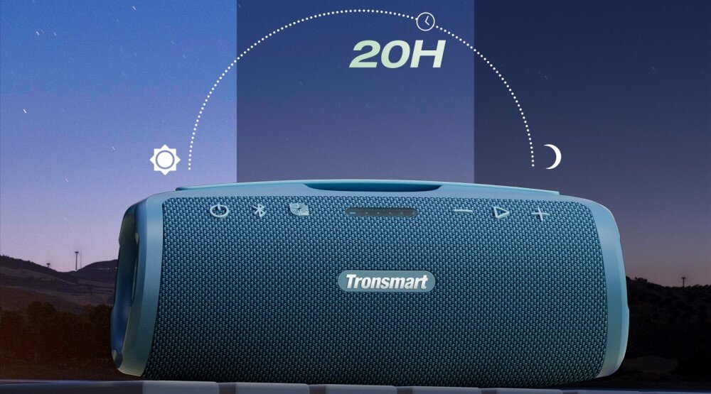 Głośnik TRONSMART Mirtune S100 czas pracy 20 godzin power bank, głośnik stojący na blacie na tle krajobrazu w różnych porach dnia