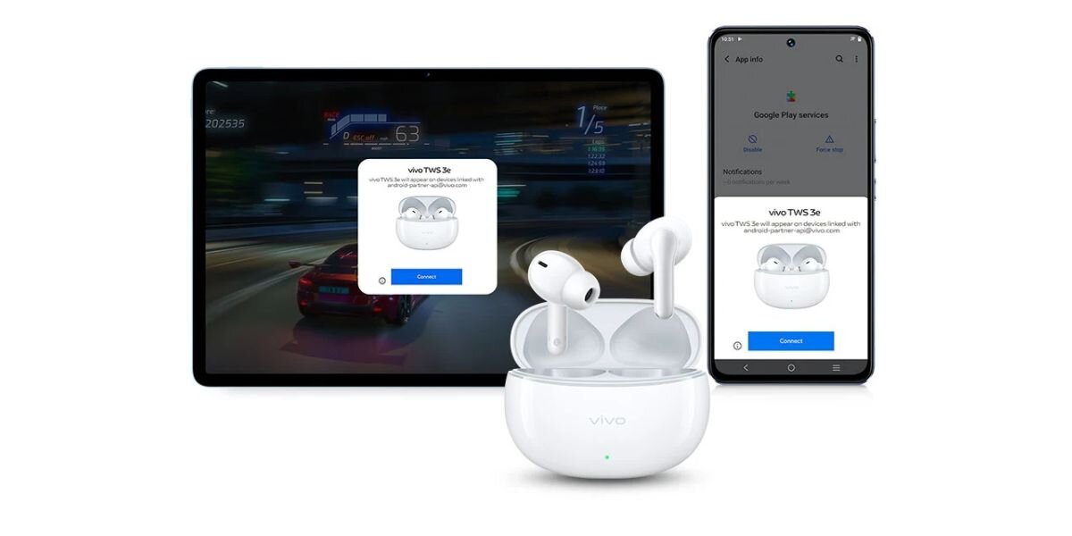 Słuchawki dokanałowe VIVO TWS 3e ANC - Wygoda, Asystent Google, funkcja wykrywania uszu, Bluetooth 5.3, słuchawki z etui ładującym, tablet, smartfon