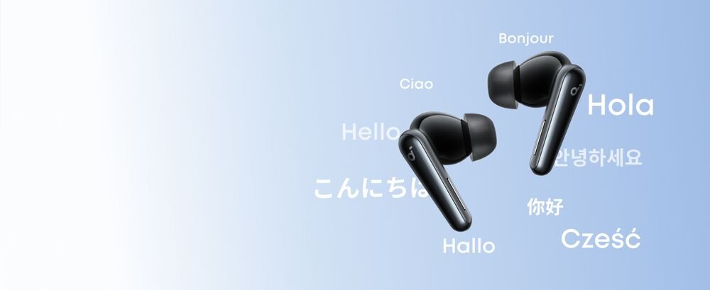 SOUNDCORE Liberty 5 ANC AI tłumacz na żywo ponad 100 języków aplikacja Soundcore napisy w czasie rzeczywistym, słuchawki na błękitnym tle