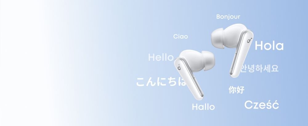 SOUNDCORE Liberty 5 ANC AI tłumacz na żywo ponad 100 języków aplikacja Soundcore napisy w czasie rzeczywistym, słuchawki na błękitnym tle