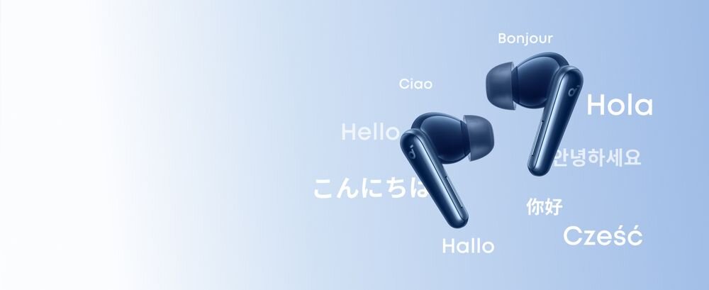 SOUNDCORE Liberty 5 ANC ANC AI tłumacz na żywo ponad 100 języków aplikacja Soundcore napisy w czasie rzeczywistym, słuchawki na błękitnym tle