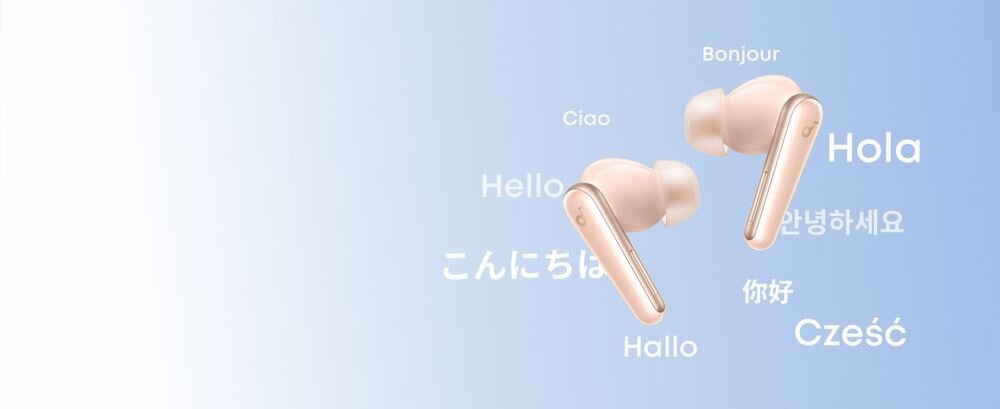 SOUNDCORE Liberty 5 ANC AI tłumacz na żywo ponad 100 języków aplikacja Soundcore napisy w czasie rzeczywistym, słuchawki na błękitnym tle