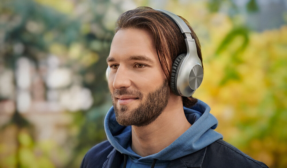 Słuchawki nauszne PANASONIC RB-HX220 wygoda bezprzewodowe uniwersalność zasięg dźwięk mocny bas brzmienie ergonomia konstrukcja akumulator