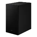 Czarny subwoofer o prostokątnym kształcie z widocznym logo producenta na dolnej części obudowy.