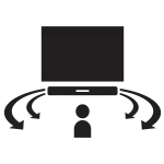 Czarny soundbar z dwoma głośnikami po bokach i centralnym panelem. Produkt jest prostokątny i ma minimalistyczny design.