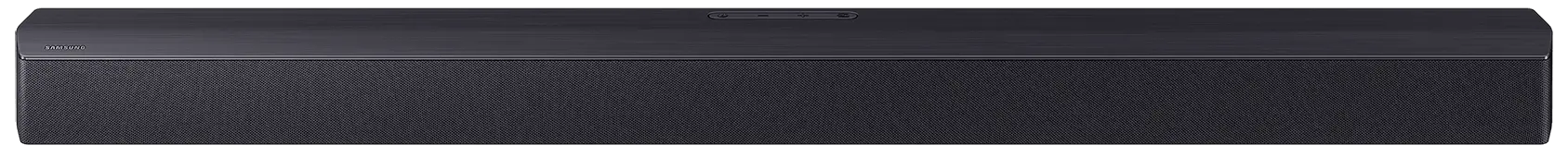 Czarny soundbar z widocznym logo \'SAMSUNG\' na górnej części obudowy. Przód urządzenia pokryty jest materiałową siatką.