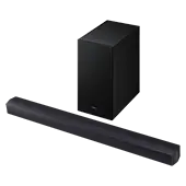 Na obrazie widoczny jest czarny soundbar oraz subwoofer. Oba urządzenia mają prostokątny kształt i są w kolorze czarnym.