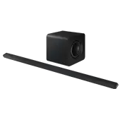 Czarny soundbar z subwooferem, oba elementy mają prostokątny kształt. Soundbar jest długi i wąski, a subwoofer ma widoczny okrągły głośnik z boku.