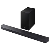 Na obrazie widoczny jest czarny soundbar oraz subwoofer. Oba urządzenia mają prostokątny kształt i są w kolorze czarnym.