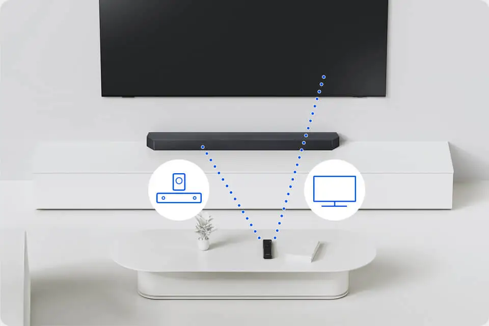 Na białym stoliku znajduje się czarny soundbar, a nad nim wisi telewizor. Obok soundbara widoczne są dwie ikony: jedna przedstawia głośnik, a druga ekran monitora, połączone niebieskimi liniami kropkowanymi.