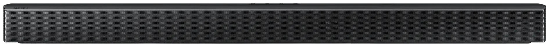 Czarny soundbar z widocznym logo \'SAMSUNG\' w lewym górnym rogu. Na górnej krawędzi znajdują się przyciski sterujące.