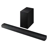 Na obrazie widoczny jest czarny soundbar oraz subwoofer. Oba urządzenia mają prostokątny kształt i są koloru czarnego.