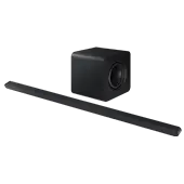 Czarny soundbar z subwooferem, oba urządzenia mają prostokątny kształt. Soundbar jest długi i wąski, a subwoofer ma widoczny okrągły głośnik z boku.