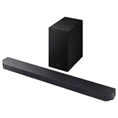 Na obrazie widoczny jest czarny soundbar oraz subwoofer. Oba urządzenia mają prostokątny kształt i są koloru czarnego.