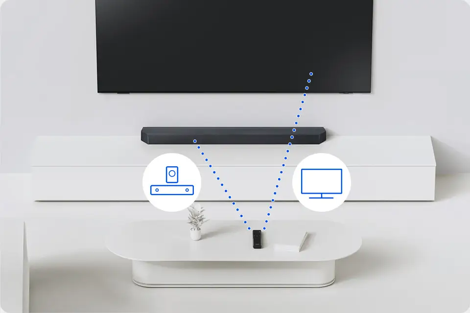 Na białym stoliku znajduje się czarny soundbar, a nad nim wisi telewizor. Dwa niebieskie linie kropkowane prowadzą od soundbara do ikon przedstawiających głośnik i ekran.