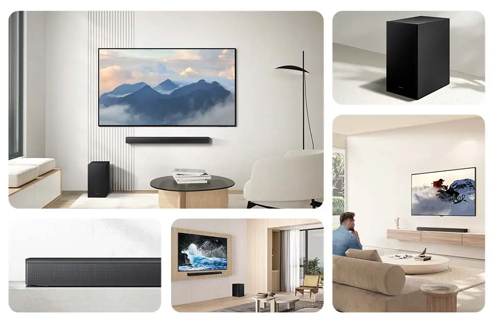 Na obrazie widać nowoczesne wnętrza z telewizorami i soundbarem umieszczonym pod ekranem. W jednym z kadrów znajduje się czarny subwoofer na jasnej podłodze.