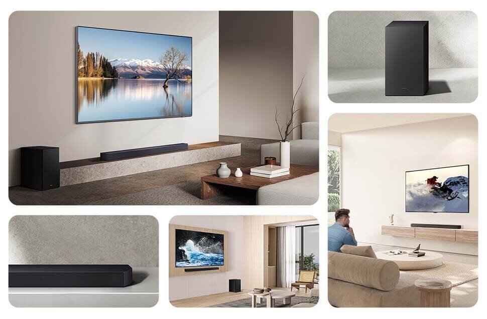 970x637 pc mozaikaq600-bez-tylnych-glosnikow Samsung HW-Q600F mozaika zdjęć lifestyle pokazująca soundbar i subwoofer w różnych aranżacjach pomieszczeń.