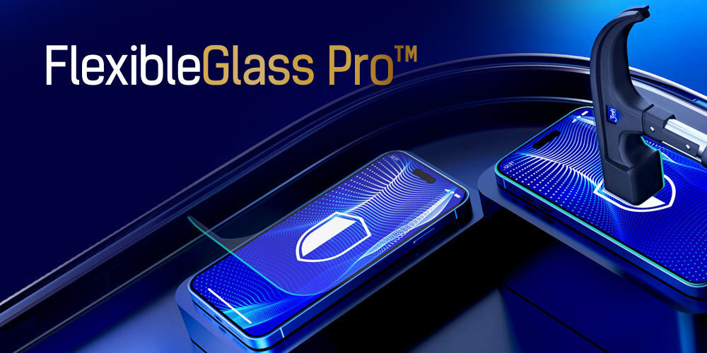 Obraz przedstawia dwa smartfony z nałożonym szkłem ochronnym, obok znajduje się narzędzie do aplikacji szkła. Na obrazie widoczny jest tekst: \'FlexibleGlass Pro™\'.