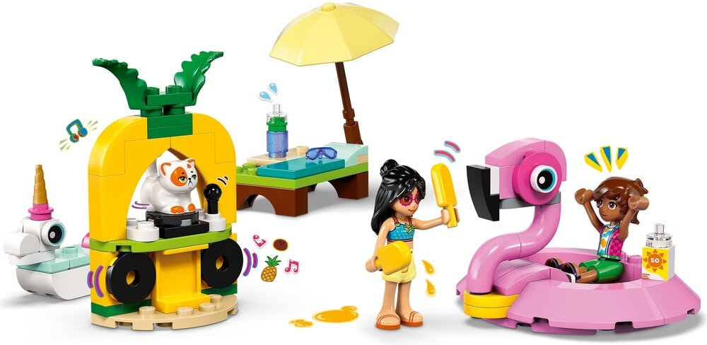 LEGO 42658 Friends Impreza na basenie z jednorożcem i flamingiem Churro stanowisko DJ-a z obracającą się płytą i mikrofonem