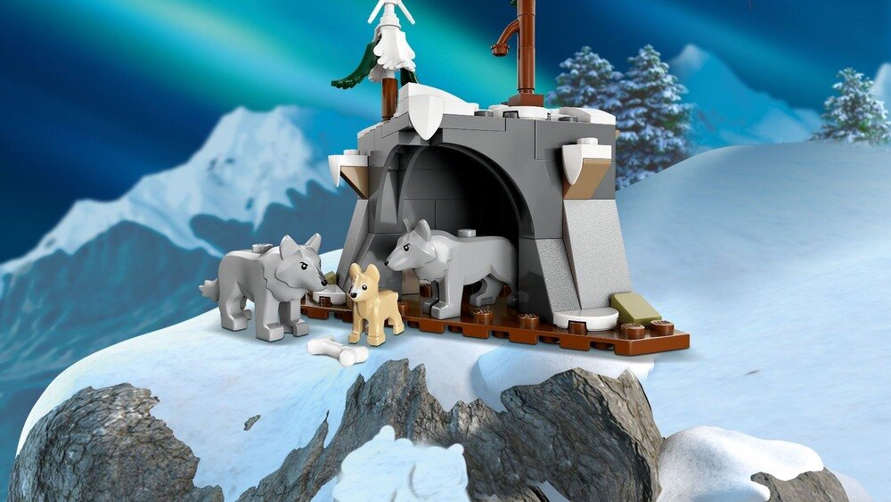 LEGO 60471 City Ciężarówka z laboratorium arktycznej odkrywczyni pięć minifigurek odkrywców Akcesoria trzy figurki wilków polarnych