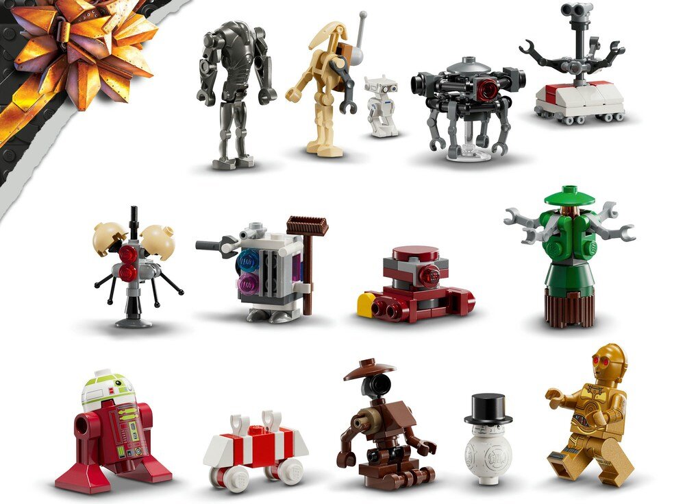 LEGO 75418 Star Wars Kalendarz adwentowy na 2025 rok  Minifigurki LEGO C-3PO i Jawa figurka LEGO Babu Frika BB-8 B2EMO Treadwell 