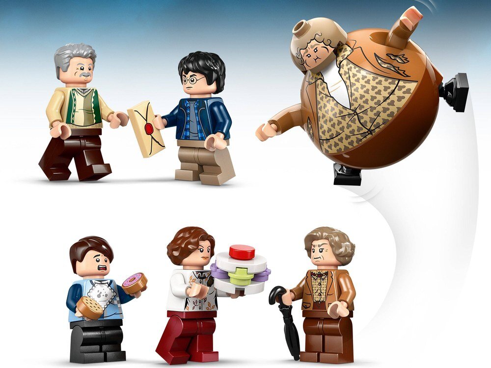 LEGO 76451 Harry Potter Privet Drive: Wizyta ciotki Marge figurka nadmuchanej ciotki Marge pięć minifigurek LEGO Harry Potter