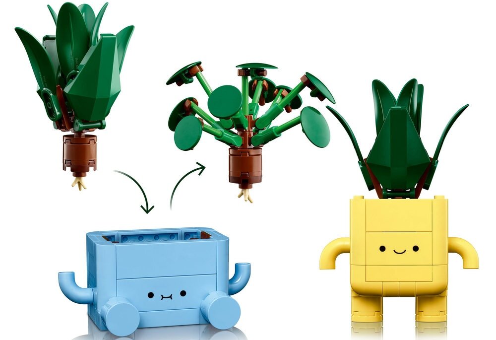 LEGO 10349 Botanicals Wesołe roślinki dracena pilea żółta i niebieska doniczka z wesołymi, kreskówkowymi buźkami