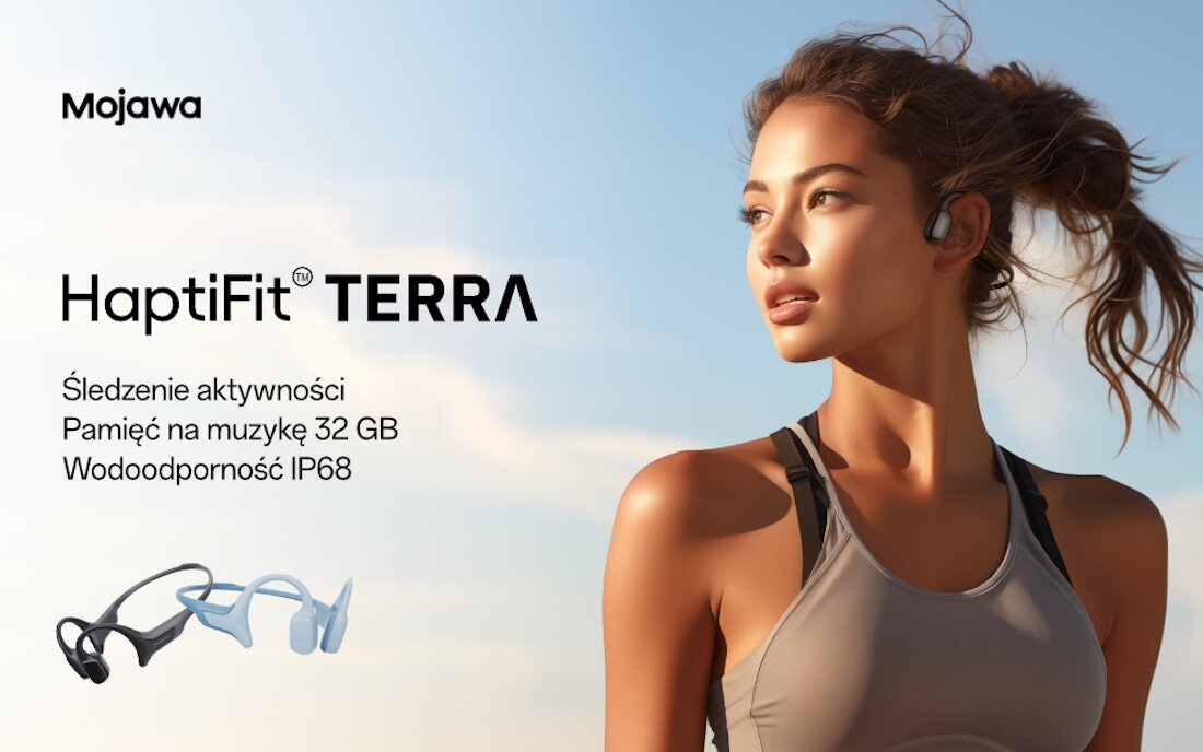 Słuchawki MOJAWA HaptiFit Terra - Pełna swoboda i czysty dźwięk, słuchawki w różnych kolorach na białym tle, osoba uprawiająca jogging