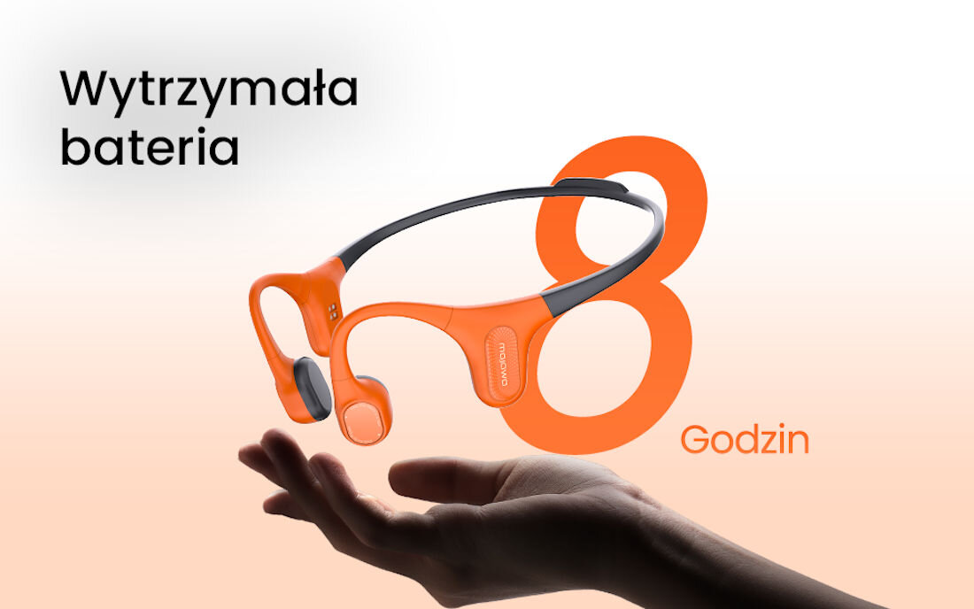 Słuchawki MOJAWA Aerra - Energia na wiele godzin, czas pracy do 8 h, 5 minut ładowania - 1,5 h słuchania, wyciągnięta ręka, słuchawki na jasnym tle